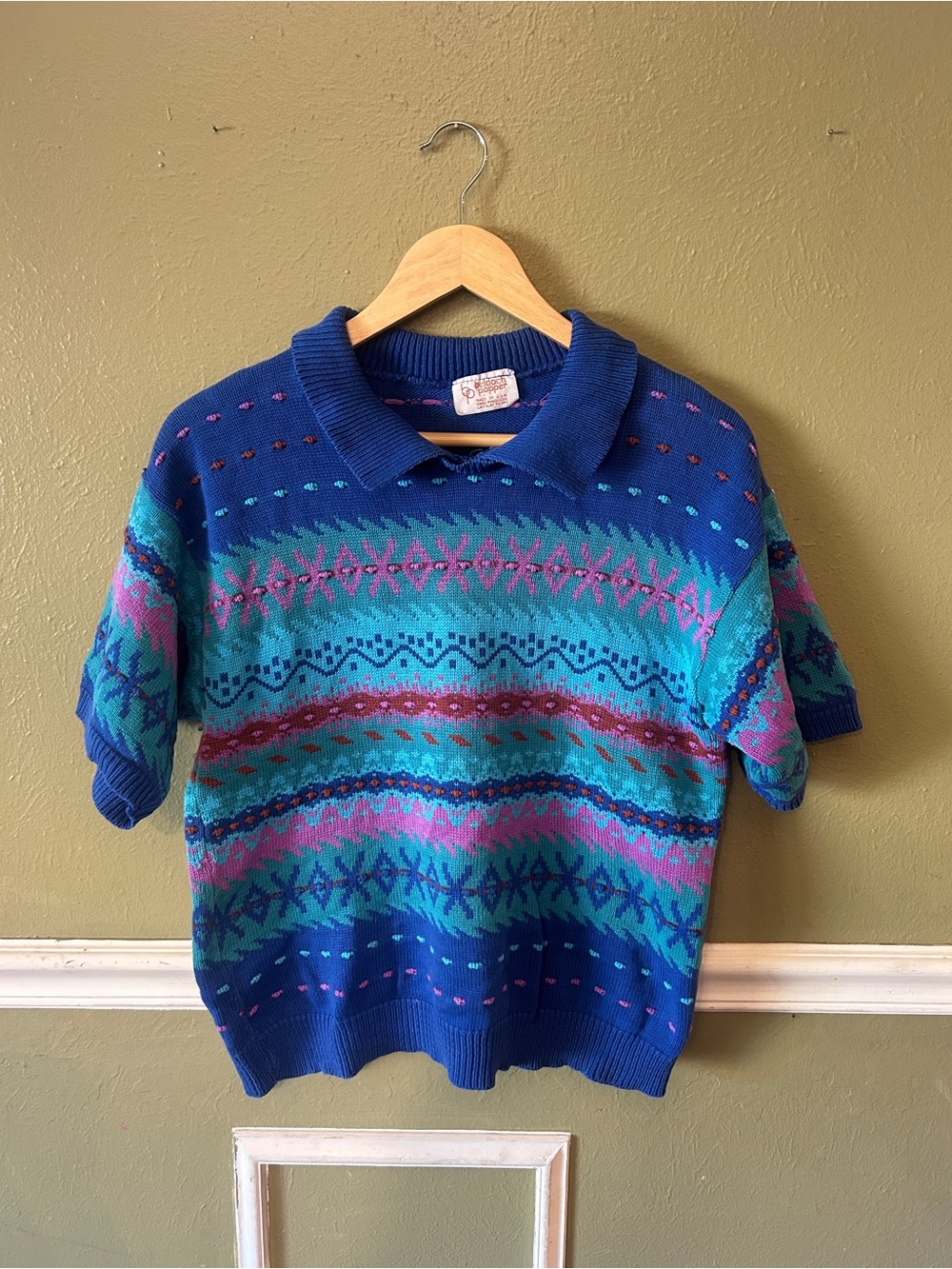 Vintage Grannycore Cottagecore Fair Isle Short Sleeved Polo Sweater Made in USA